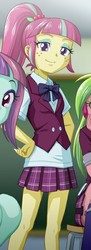 Size: 291x800 | Tagged: safe, artist:uotapo, lemon zest, sour sweet, sunny flare, equestria girls, g4, clothes, cropped, crystal prep academy uniform, freckles, legs, looking at you, miniskirt, offscreen character, plaid skirt, pleated skirt, ponytail, school uniform, skirt, smiling, solo focus