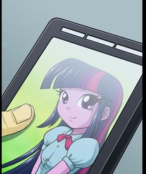 Size: 319x380 | Tagged: safe, artist:uotapo, flash sentry, twilight sparkle, alicorn, equestria girls, g4, beautiful, cellphone, comic, cropped, cute, female, fingernails, phone, puffy sleeves, smartphone, smiling, twiabetes, twilight sparkle (alicorn)