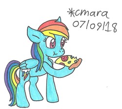 Size: 838x750 | Tagged: safe, artist:cmara, rainbow dash, pegasus, pony, g4, female, food, meat, pepperoni, pepperoni pizza, pizza, ponies eating meat, solo, traditional art