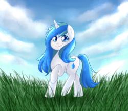 Size: 3000x2600 | Tagged: safe, artist:mayleebell24, oc, oc only, oc:charity seashell, pony, unicorn, cloud, commission, cute, female, grass, high res, looking at you, mare, raised hoof, sky, smiling, solo, standing