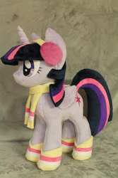 Size: 1504x2256 | Tagged: safe, artist:whitedove-creations, twilight sparkle, alicorn, pony, g4, winter wrap up, boots, clothes, earmuffs, female, folded wings, irl, mare, photo, plushie, scarf, shoes, solo, standing, twilight sparkle (alicorn), winter outfit