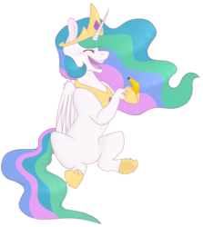 Size: 1024x1149 | Tagged: safe, artist:xcaramelcookiex, princess celestia, alicorn, pony, g4, banana, bananalestia, female, food, happy, hoof hold, jewelry, mare, open mouth, redraw, regalia, sillestia, silly, simple background, sitting, solo, transparent background