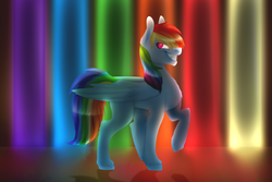 Size: 1024x682 | Tagged: safe, artist:xcaramelcookiex, rainbow dash, pegasus, pony, fanfic:rainbow factory, g4, abstract background, female, grin, looking sideways, mare, narrowed eyes, rainbow, rainbow factory dash, raised hoof, smiling, solo, spectra