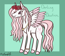Size: 1750x1500 | Tagged: safe, artist:misskanabelle, oc, oc only, oc:darling devotion, pegasus, pony, abstract background, bracelet, colored wings, colored wingtips, female, floral head wreath, flower, jewelry, mare, necklace, offspring, parent:fancypants, parent:fleur-de-lis, parents:fancyfleur, pegasus oc, signature, smiling, solo, two toned wings, wings