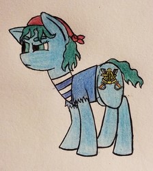 Size: 1287x1438 | Tagged: safe, artist:dice warwick, artist:dice-warwick, oc, oc only, oc:filly, oc:star charter, pony, pirate, solo, suspicious, traditional art