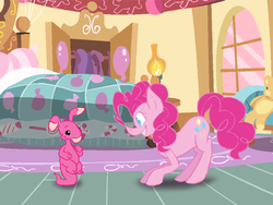 Size: 1024x768 | Tagged: safe, artist:azulmimi99, pinkie pie, earth pony, pony, g4, bed, bedroom, blumaroo, closet, crossover, female, lamp, neopets, smiling, solo