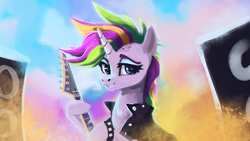 Size: 1920x1080 | Tagged: safe, artist:hierozaki, rarity, pony, unicorn, g4, alternate hairstyle, electric guitar, female, guitar, guitarity, looking at you, musical instrument, punk, raripunk, smiling, solo