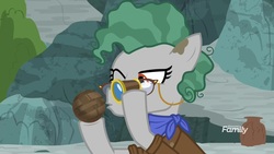 Size: 1920x1080 | Tagged: safe, screencap, professor fossil, earth pony, pony, a rockhoof and a hard place, g4, ball, female, loupe, mare, neckerchief, one eye closed, solo