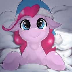 Size: 1536x1536 | Tagged: safe, artist:kurogewapony, pinkie pie, earth pony, pony, g4, bed, bust, female, floppy ears, looking at you, smiling, solo