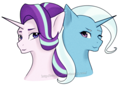 Size: 1024x720 | Tagged: safe, artist:scariswolf, starlight glimmer, trixie, pony, unicorn, g4, looking at each other, one eye closed, simple background, transparent background, wink