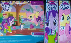 Size: 1708x1033 | Tagged: safe, fluttershy, starlight glimmer, pegasus, pony, unicorn, g4, official, season 8, animal, clothes, dress, merchandise, my little pony logo