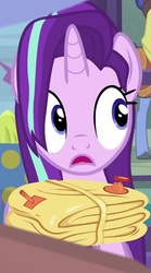 Size: 457x819 | Tagged: safe, screencap, hoo'far, starlight glimmer, pony, saddle arabian, unicorn, g4, road to friendship, cropped, female, male, mare, raft, solo focus, stallion, wet mane