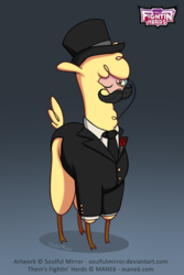 Size: 1600x2400 | Tagged: safe, alternate version, artist:soulfulmirror, paprika (tfh), alpaca, them's fightin' herds, clothes, cloven hooves, community related, eyes closed, facial hair, female, hat, monocle, monocle and top hat, moustache, solo, suit, top hat