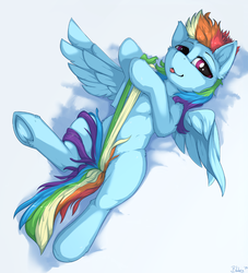 Size: 1164x1280 | Tagged: safe, artist:blackkaries, rainbow dash, pegasus, pony, semi-anthro, g4, arm hooves, female, fluffy, looking at you, mare, on back, solo, strategically covered, tail, tail censor, tail pull, tongue out, wings