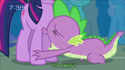 Size: 1136x640 | Tagged: safe, screencap, lyra heartstrings, spike, twilight sparkle, dragon, pony, unicorn, boast busters, g4, my little pony: friendship is magic, season 1, crying, funny, japanese dub, pain, pathetic, solo focus, subtitles, tomodachi wa mahou, unicorn twilight, weak, whining, wingless spike