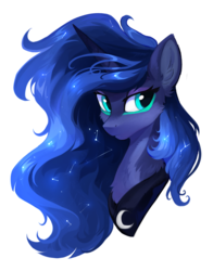 Size: 864x1100 | Tagged: dead source, safe, artist:hioshiru, princess luna, alicorn, pony, g4, armor, armored pony, blue coat, blue mane, bust, cheek fluff, chest fluff, constellation, constellation hair, crown, cute, cyan eyes, ear fluff, ethereal mane, eye lashes, eyeshadow, female, flowing mane, horn, jewelry, looking at you, lunabetes, makeup, mare, missing accessory, peytral, portrait, regalia, simple background, solo, starry mane, white background