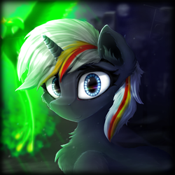 Size: 2000x2000 | Tagged: safe, artist:thefunnysmile, oc, oc only, oc:pyrelight, oc:velvet remedy, balefire phoenix, phoenix, pony, unicorn, fallout equestria, bust, chest fluff, city, ear fluff, fanfic, fanfic art, female, fluffy, high res, horn, looking at you, mare, moon, muzzle fluff, night, portrait, smiling, solo