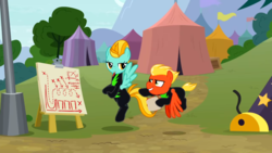 Size: 1920x1080 | Tagged: safe, screencap, lightning dust, short fuse, pegasus, pony, g4, the washouts (episode), bedroom eyes, cannon, female, flying, food, holding, male, mare, mouth hold, plans, sandwich, stallion, tree, wings