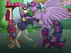 Size: 2732x2048 | Tagged: safe, artist:percy-mcmurphy, moondancer, twilight sparkle, oc, oc:alistair, oc:stardust, alicorn, changedling, changeling, changepony, hybrid, pony, g4, antennae, colored sclera, confused, dancing, fangs, high res, house, hybrid wings, interspecies offspring, offspring, old friend, parent:moondancer, parent:sunburst, parent:thorax, parent:twilight sparkle, parents:sundancer, parents:twirax, twilight sparkle (alicorn)