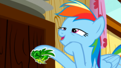 Size: 1920x1080 | Tagged: safe, screencap, rainbow dash, pony, g4, the washouts (episode), bedroom eyes, clubhouse, crusaders clubhouse, female, solo, sticker