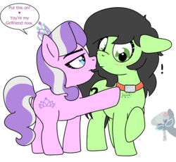 Size: 1202x1108 | Tagged: safe, artist:lockhe4rt, diamond tiara, silver spoon, oc, oc:anon, oc:filly anon, pony, g4, blushing, collar, cross-popping veins, drawthread, female, filly, floppy ears, implied lesbian, implied shipping, implied silvertiara, jealous, lesbian, raised hoof, simple background, transparent background