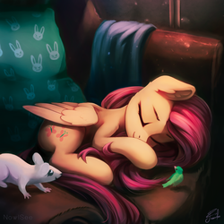 Size: 2000x2000 | Tagged: safe, artist:freeedon, artist:inowiseei, fluttershy, bird, mouse, pegasus, pony, g4, collaboration, couch, cute, daaaaaaaaaaaw, eyes closed, female, folded wings, high res, mare, shyabetes, sleeping, smiling, solo, wings