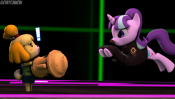 Size: 3840x2160 | Tagged: safe, artist:goatcanon, starlight glimmer, dog, g4, 3d, animal crossing, communism, crossover, duo, facial hair, fight, final destination, gyroid, high res, isabelle, moustache, source filmmaker, stalin glimmer, super smash bros., wrong cutie mark