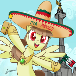 Size: 1810x1810 | Tagged: safe, artist:archooves, oc, oc only, oc:tailcoatl, pegasus, pony, alcohol, cute, female, food, hat, independence day, mexican, mexican independence day, mexico, mexico city, nation ponies, ponified, rattle, sketchup, solo, spanish, tequila
