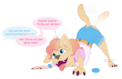 Size: 1600x1039 | Tagged: safe, artist:najti, pinkie pie, dog, golden retriever, equestria girls, g4, age regression, clothes, commission, deviantart watermark, dialogue, excited, flat colors, full body, implied rainbow dash, looking up, mental shift, obtrusive watermark, offscreen character, puppy, puppy pie, ripping clothes, simple background, smiling, solo, speech bubble, speech change, tail, tail wag, tongue out, transformation, transparent background, watermark