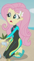 Size: 1175x2100 | Tagged: safe, screencap, fluttershy, aww... baby turtles, equestria girls, g4, my little pony equestria girls: better together, beach, clothes, cropped, feet, female, flip-flops, fluttershy's wetsuit, heel pop, kneeling, sand, sandals, solo, squatting, swimsuit, wetsuit