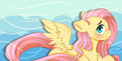 Size: 4000x2000 | Tagged: safe, artist:etoz, fluttershy, pegasus, pony, g4, blushing, cloud, cute, female, profile, shyabetes, sky, smiling, solo, spread wings, wingding eyes, wings