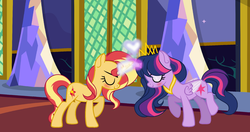 Size: 1600x842 | Tagged: safe, artist:rose-moonlightowo, sunset shimmer, twilight sparkle, alicorn, pony, unicorn, g4, female, lesbian, magic, ship:sunsetsparkle, shipping, twilight sparkle (alicorn)