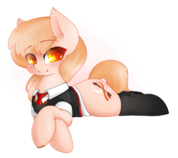 Size: 2350x2100 | Tagged: safe, artist:ark nw, oc, oc only, oc:andriana alione, pony, beautiful, blonde, blushing, clothes, cute, cutie mark, female, floppy ears, high res, looking at you, lying down, orange eyes, simple background, smiling, solo, stockings, thick, thigh highs, transparent background, uniform