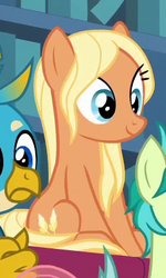 Size: 248x412 | Tagged: safe, screencap, amber grain, gallus, sandbar, earth pony, griffon, pony, a rockhoof and a hard place, g4, background pony, cropped, cute, female, friendship student, male, mare, sitting, smiling, solo focus
