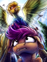 Size: 3000x4000 | Tagged: safe, artist:lupiarts, scootaloo, spitfire, pegasus, pony, g4, the washouts (episode), clothes, duo, ears back, female, filly, flying, foal, lens flare, lip bite, looming, mare, scared, shrunken pupils, spread wings, sweat, sweating profusely, uniform, wings