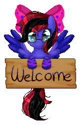 Size: 202x309 | Tagged: safe, artist:angellightyt, oc, oc:skitzy, pegasus, pony, animated, clothes, female, gif, glasses, ribbon, sign, simple background, socks, solo, transparent background, welcome