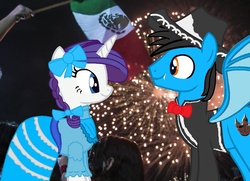 Size: 1082x784 | Tagged: safe, artist:ds59, rarity, oc, oc:dragun shot, dracony, hybrid, g4, alternate hairstyle, canon x oc, charro, drarity, fireworks, independence day, mexican, mexican flag, mexican independence day, mexico, september 16th
