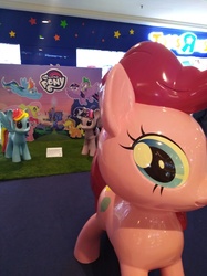 Size: 3016x4032 | Tagged: safe, photographer:horsesplease, pinkie pie, rainbow dash, spike, twilight sparkle, alicorn, pony, g4, life-size pinkie statue, malaysia, my little pony logo, photo, twilight sparkle (alicorn)