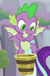 Size: 645x985 | Tagged: safe, screencap, spike, starlight glimmer, dragon, a matter of principals, g4, bucket, cropped, flying, male, offscreen character, winged spike, wings