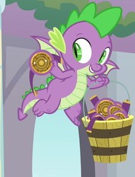 Size: 827x1080 | Tagged: safe, screencap, spike, dragon, a matter of principals, g4, bucket, cropped, flying, male, smiling, winged spike, wings