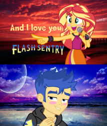 Size: 1600x1868 | Tagged: safe, artist:3d4d, flash sentry, sunset shimmer, equestria girls, g4, blushing, female, male, ship:flashimmer, shipping, singing, straight