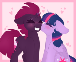 Size: 3237x2634 | Tagged: safe, artist:adostume, tempest shadow, twilight sparkle, alicorn, pony, unicorn, g4, blushing, broken horn, cute, female, grin, high res, horn, lesbian, mare, nuzzling, ship:tempestlight, shipping, smiling, twilight sparkle (alicorn)