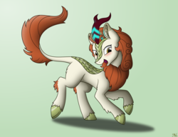 Size: 4000x3067 | Tagged: safe, artist:starlessnight22, autumn blaze, kirin, g4, sounds of silence, blushing, ear fluff, female, glowing horn, green background, high res, horn, inkscape, looking at you, open mouth, prancing, raised hoof, scales, simple background, solo, tongue out, trotting, vector