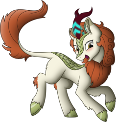 Size: 4000x4227 | Tagged: safe, alternate version, artist:starlessnight22, autumn blaze, kirin, g4, sounds of silence, absurd resolution, background removed, blushing, ear fluff, female, glowing horn, horn, inkscape, looking at you, magic, open mouth, prancing, raised hoof, scales, simple background, solo, transparent background, trotting, vector