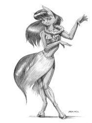 Size: 1000x1330 | Tagged: safe, artist:baron engel, octavia melody, earth pony, anthro, unguligrade anthro, g4, breasts, cleavage, clothes, female, grass skirt, grayscale, hawaii, hawaiian, hula, hula dance, lei, monochrome, pencil drawing, simple background, sketch, skirt, smiling, solo, stupid sexy octavia, traditional art, white background