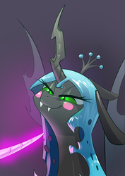 Size: 2480x3508 | Tagged: safe, artist:underpable, queen chrysalis, changeling, changeling queen, g4, :t, blush sticker, blushing, curved horn, fangs, female, floppy ears, glowing horn, gradient background, gray background, high res, horn, implied twilight sparkle, knife cat, lidded eyes, meme, offscreen character, ponified animal photo, shit eating grin, simple background, smiling, smirk, smug, smug bug, solo focus