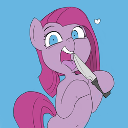 Size: 2000x2000 | Tagged: safe, artist:baigak, pinkie pie, earth pony, pony, semi-anthro, g4, belly button, blade lick, female, heart, high res, hoof hold, human shoulders, knife, licking, looking at you, mare, open mouth, pinkamena diane pie, simple background, solo, tongue out