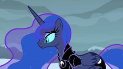 Size: 1920x1080 | Tagged: safe, artist:sillyfillystudios, nightmare moon, princess luna, alicorn, pony, fall of the crystal empire, g4, armor, female, foreshadowing, internal conflict, nightmare luna, sad, slit pupils, thinking