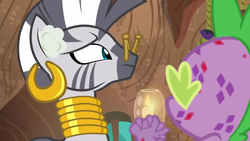 Size: 1920x1080 | Tagged: safe, screencap, spike, zecora, dragon, zebra, g4, molt down, season 8, clothespin, ear piercing, earring, female, jewelry, male, mare, molting, neck rings, piercing, smelly, stone scales, zecora's hut