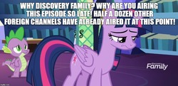 Size: 1029x500 | Tagged: safe, edit, edited screencap, screencap, spike, twilight sparkle, alicorn, dragon, pony, a rockhoof and a hard place, g4, discovery family, discovery family logo, female, image macro, male, mare, meme, text, twilight sparkle (alicorn), winged spike, wings